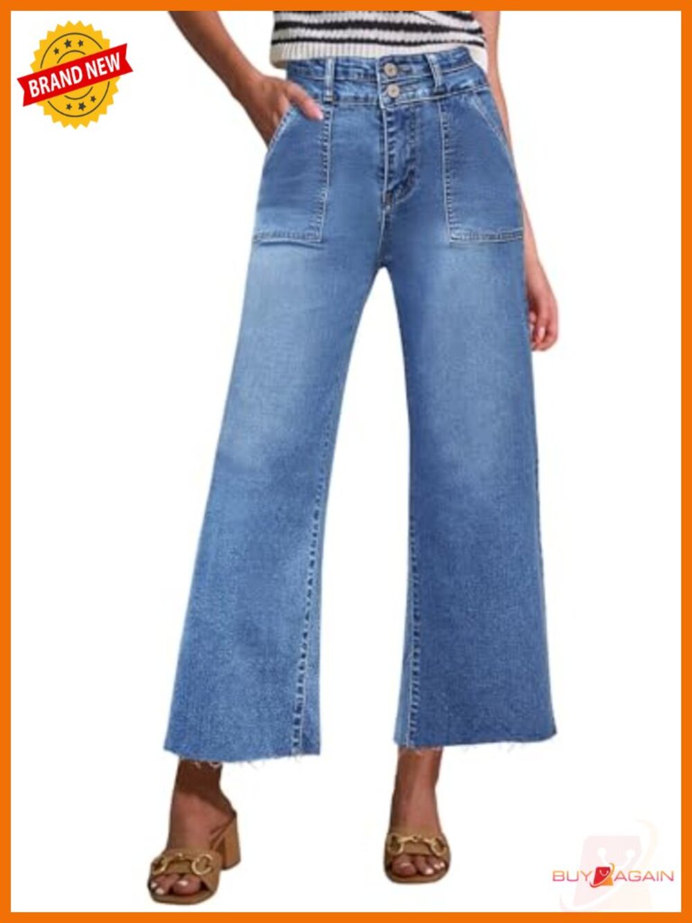 High Rise Crop Wide Leg Jeans Two Button Closure Frayed Hem Slip Pockets